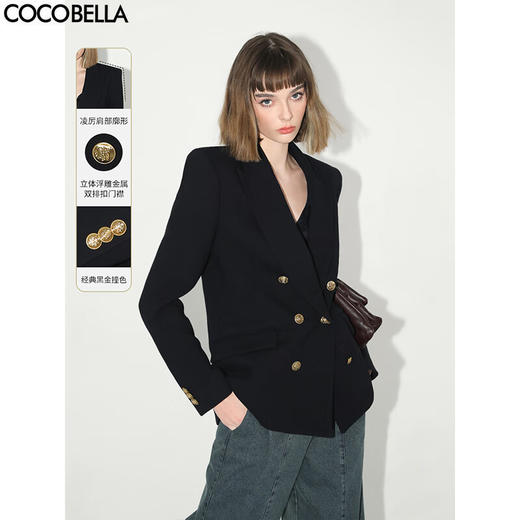 COCOBELLA复古金属扣吸烟装外套女秋双排扣廓形通勤西装SI0003 商品图0