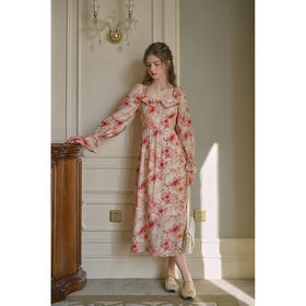 SimpleRetro山花漫漫 油画少女感碎花连衣裙女方领长袖法式a字裙