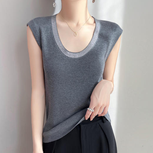 雀说新款精纺羊毛U领女士无袖背心撞色镶钻设计针织宽松套头上衣AL50525 商品图9