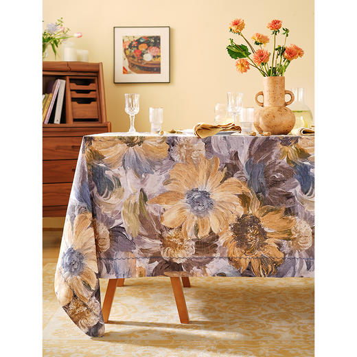 写意油画花卉系列亚麻方桌布餐桌台布餐厅轻奢高级感长方形复古氛围感定制 商品图0