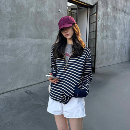 ROMI STUDIO“美式经典”绵羊毛混纺条纹立领毛织开衫 RW24WWG0381 商品图0