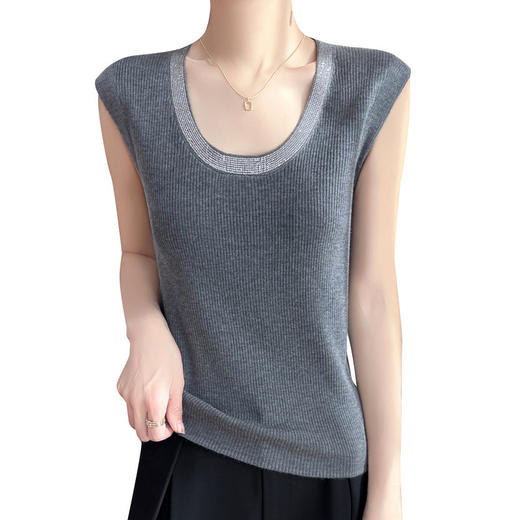 雀说新款精纺羊毛U领女士无袖背心撞色镶钻设计针织宽松套头上衣AL50525 商品图4