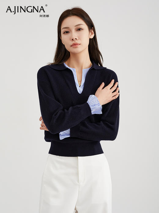 【法式慵懒风】阿菁娜经典POLO剪刀领条纹拼接羊毛针织衫F30C302005 商品图0