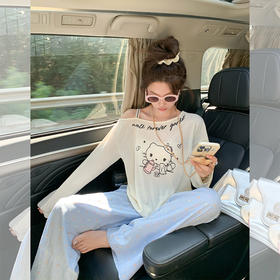 <曾小咸推荐>猫咪印花侧边露肩长袖T恤罩衫