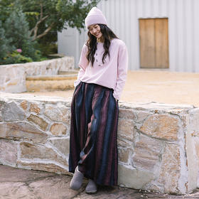 * 绽放旅行女装051朵/色织亚麻条纹半腰松紧文艺内加抽绳捏褶阔腿裤