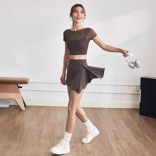 跃牌【禅语梵心】假两件网纱运动T恤女短袖带胸垫瑜珈服露脐上衣DX5206 商品图4