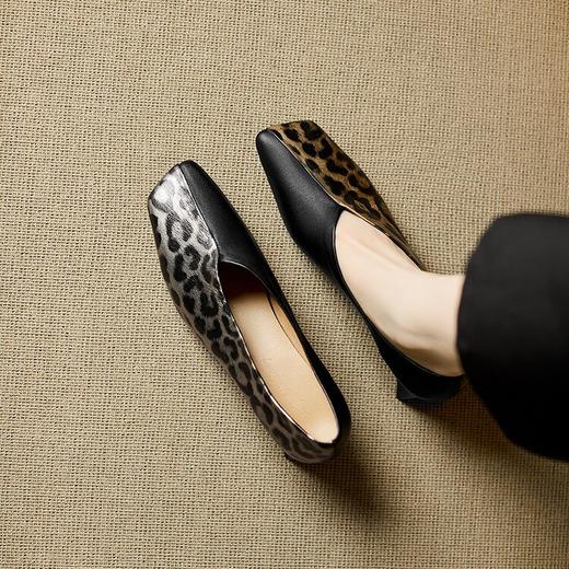 【预售5天】上脚超显气质~春季新款真皮豹纹拼接方头中跟单鞋MBJR&6819 商品图2