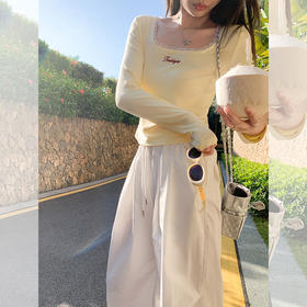 <曾小咸推荐>2色方领蕾丝边修身短款长袖T恤