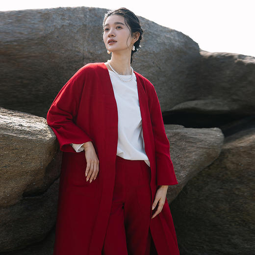 绽放旅行女装071朵/定染红天丝亚麻斜纹设计感复古宽松开襟长外套 商品图1