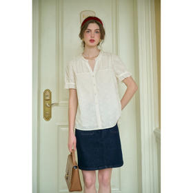 SimpleRetro可露枯蔷薇 复古肌理感刺绣短袖衬衫女春v领法式小衫