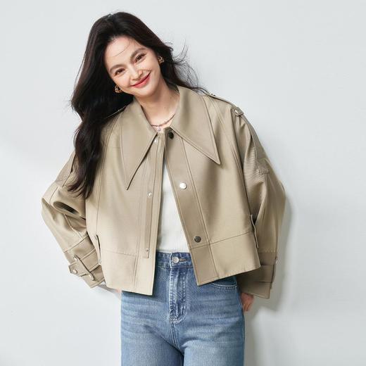 【高货sh】全新升级【铂金会员330/天猫439/差价109】(15430) 洛诗琳25春新款短风衣斜纹皮革雅丹风翻领排扣短款夹克 商品图2