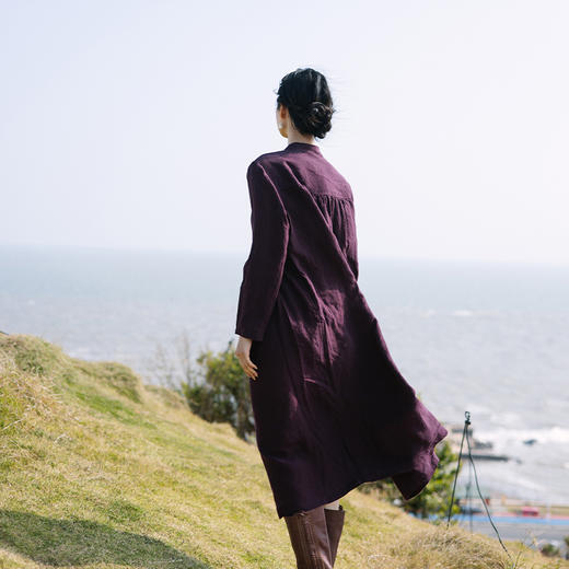 绽放旅行女装059朵/干洗亚麻v领绛紫开门襟两穿长袖显瘦连衣裙 商品图3