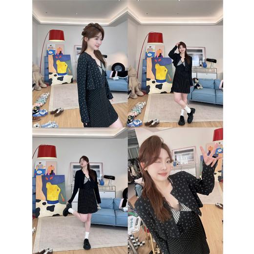 2025新品  蕾蕾同款【初恋露易丝】小众格子V领碎花波点连衣裙+短款长袖开衫 商品图0