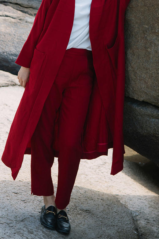 绽放072朵/2025年春季定染红色天丝亚麻斜纹显瘦萝卜裤收脚长裤 商品图5