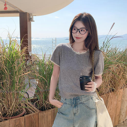 <曾小咸推荐>蕾丝边蝴蝶结拼接短袖针织衫T恤 商品图0