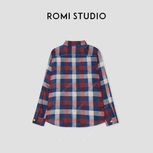 ROMI STUDIO“美式复古”100%亚麻polo领宽松长袖格子衬衣 431C8086 商品图3