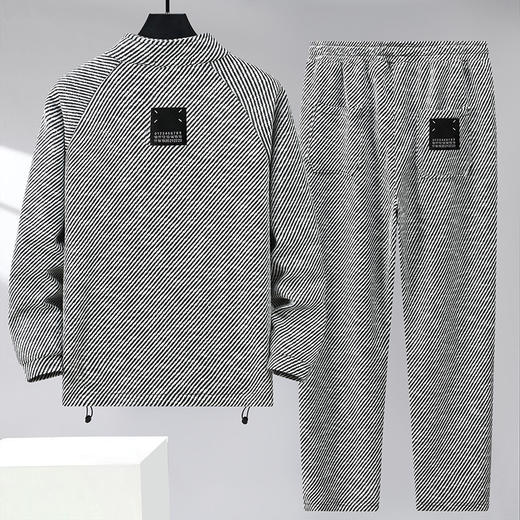 【特大码】【新款DFF】350斤加肥加大码轻奢斜纹条纹休闲立领卫衣套装男潮流时尚宽松卫衣直筒裤春秋 商品图1