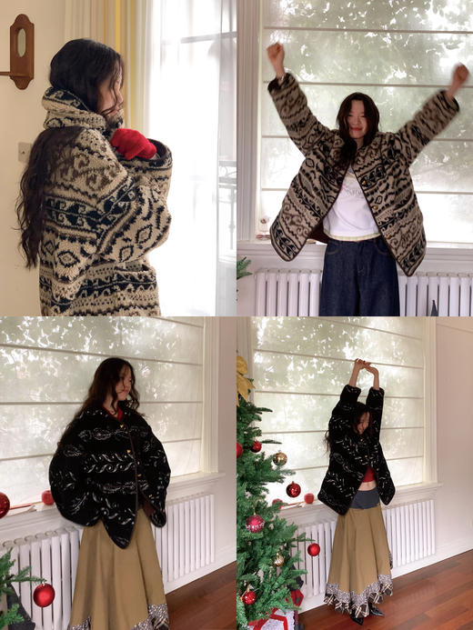 SUPERSCAPE素舶 复古提花摇粒绒撞色呢边爱心纽扣外套+围巾 商品图3