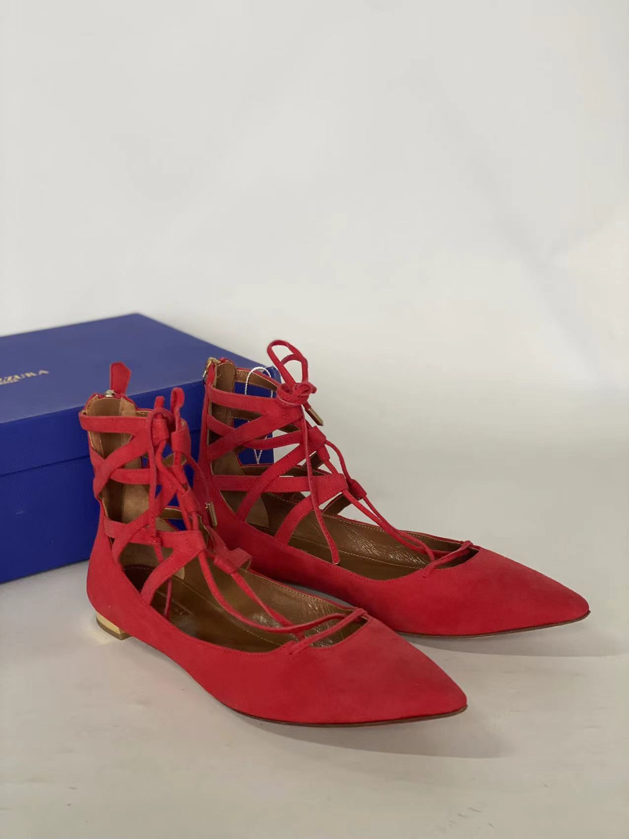 内购 AQUAZZURA经典款Belgravia系列麂皮拉链绑带平底尖头凉鞋