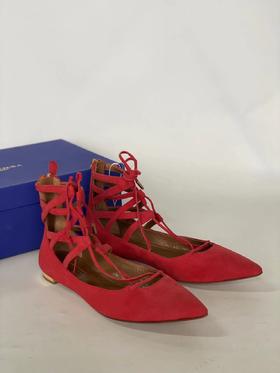 内购 AQUAZZURA经典款Belgravia系列麂皮拉链绑带平底尖头凉鞋