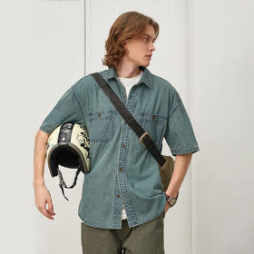 714street日系水洗做旧短袖牛仔衬衫25春夏新款美式复古宽松衬衣