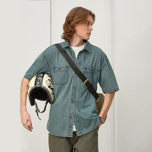 714street日系水洗做旧短袖牛仔衬衫25春夏新款美式复古宽松衬衣 商品图0