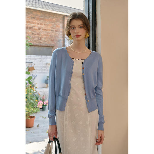 SimpleRetro燕麦糖豆 温柔风点点纱针织开衫女春长袖毛衣外套薄款 商品图2