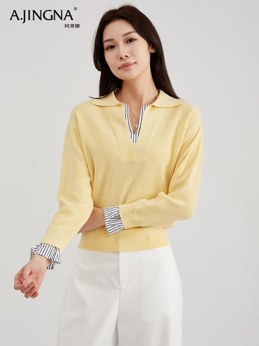 【法式慵懒风】阿菁娜经典POLO剪刀领条纹拼接羊毛针织衫F30C302005 商品图1