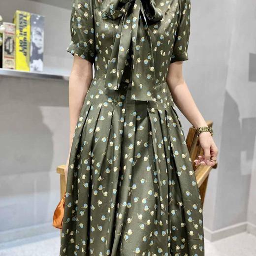 顺丰包邮洛诗琳34802新款蝴蝶结飘带真丝印花百褶连衣裙女53068 商品图1