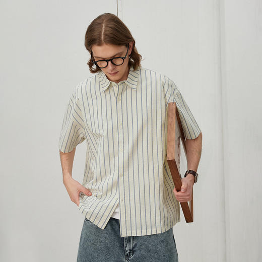 714street日系条纹泡泡纱全棉短袖衬衫男2025春夏新款设计感上衣 商品图3