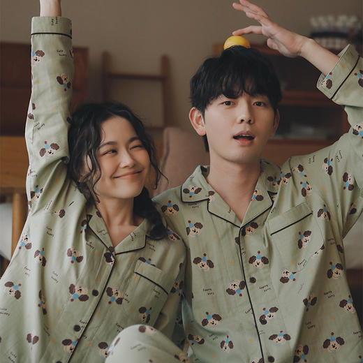 【全棉双层纱】2025新款情侣睡衣生日狗印花纯棉纱布卡通家居服睡裙 全棉男士长袖套装女春季 商品图4