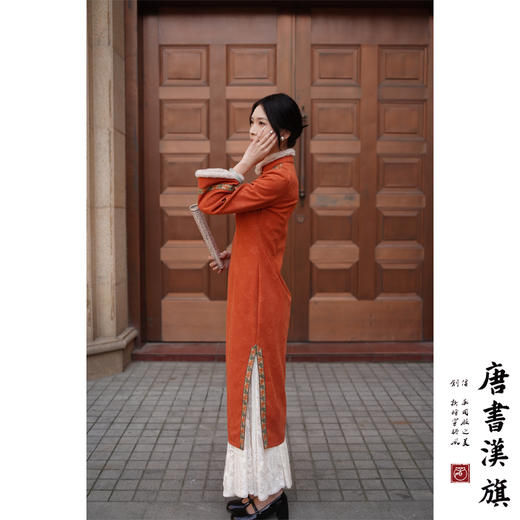 【橙橙如意】新中式旗袍冬季新款加厚橙色改良连衣裙毛边倒大袖年轻款拜年服新年战袍 商品图3