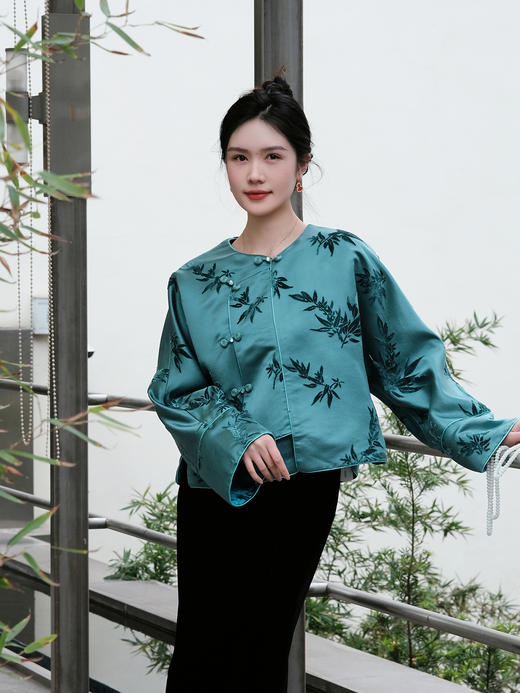 盛唐牡丹| 竹叶纹漳缎偏襟外套 商品图0