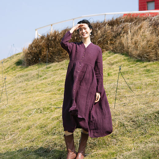 绽放旅行女装059朵/干洗亚麻v领绛紫开门襟两穿长袖显瘦连衣裙 商品图2