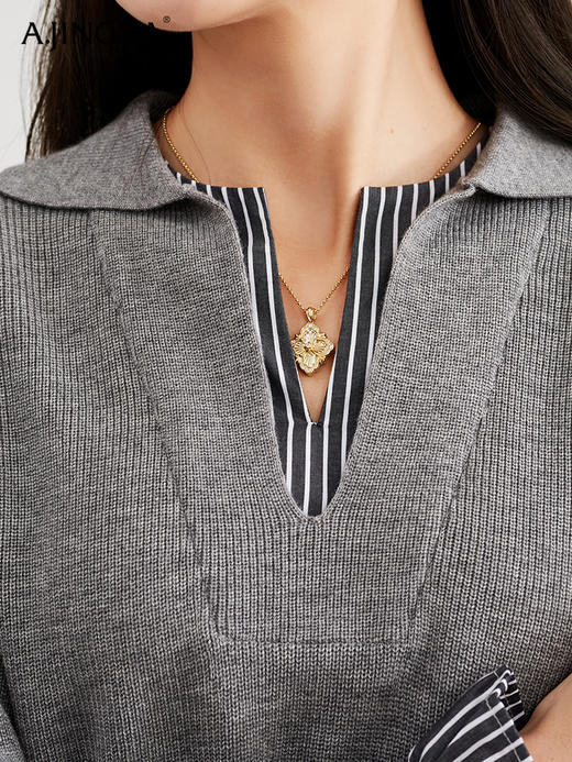 【法式慵懒风】阿菁娜经典POLO剪刀领条纹拼接羊毛针织衫F30C302005 商品图4