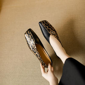 【预售5天】上脚超显气质~春季新款真皮豹纹拼接方头中跟单鞋MBJR&6819