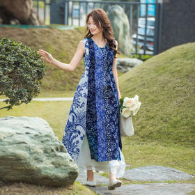 【林栖设计小店】【林栖推荐】纯棉连衣裙传统蓝印花纹2025春夏新品无袖复古长裙女T1944257