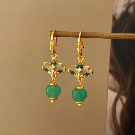 新中式宫廷风荷花耳环，气质渐变设计绿色耳坠复古耳饰T2772 商品图2