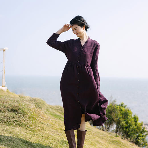绽放旅行女装059朵/干洗亚麻v领绛紫开门襟两穿长袖显瘦连衣裙 商品图0