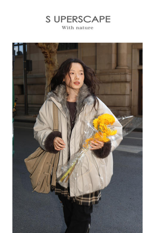 SUPERSCAPE素舶 皮草内胆夹棉高领立体花苞型保暖外套 商品图5