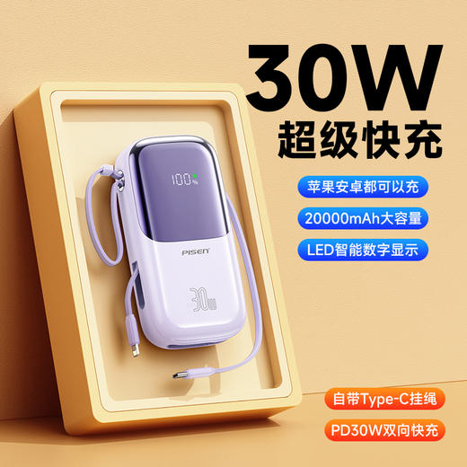 【3C下架】品胜 半屏数显移动电源P325-2 20000毫安(30W)快充 屏显充电宝 支持苹果/安卓设备 商品图1