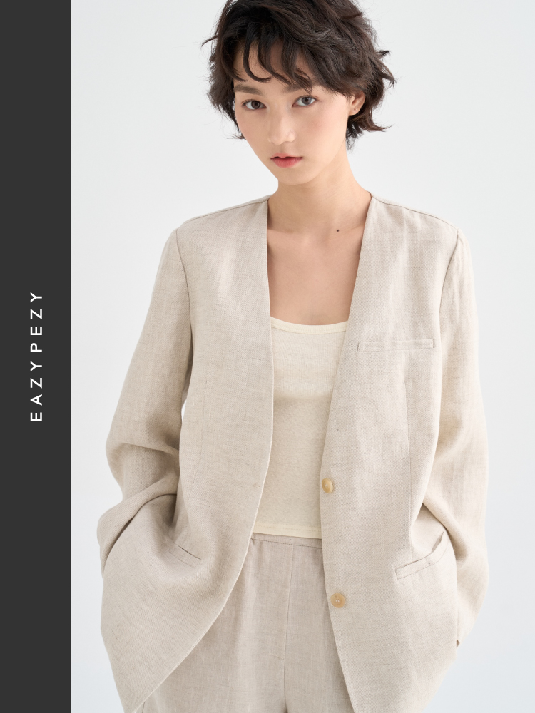 亚麻无领西装