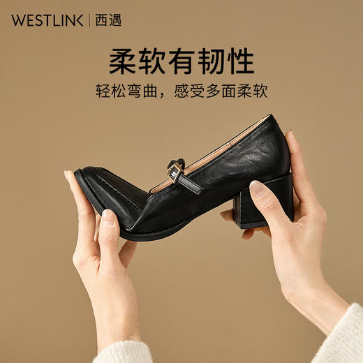 西遇复古玛丽珍鞋女新款法式T字通勤粗跟单鞋黑色小皮鞋V0156266 商品图1