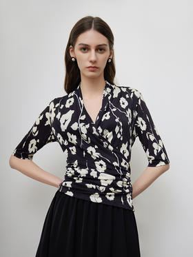 【V领真丝印花T恤】春夏新品女士100%桑蚕丝V领印花上衣