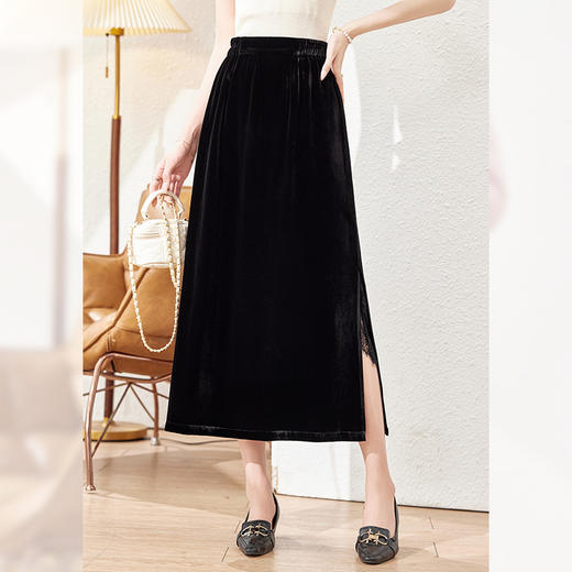 AS 0391真丝丝绒半身裙韩版气质A字裙高腰显瘦开叉裙 商品图1