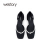 westory夏季新款方根中跟珍珠饰扣方头搭扣包头后空鞋W24CH74341 商品缩略图2
