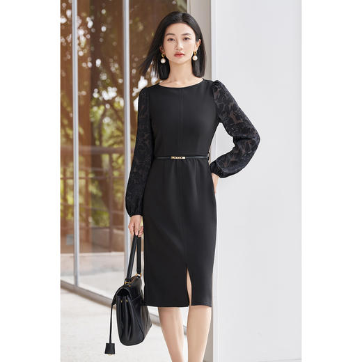 剩S/M 米思阳2026春季新款高级感优雅小黑裙拼接提花袖子连衣裙女5540 商品图2