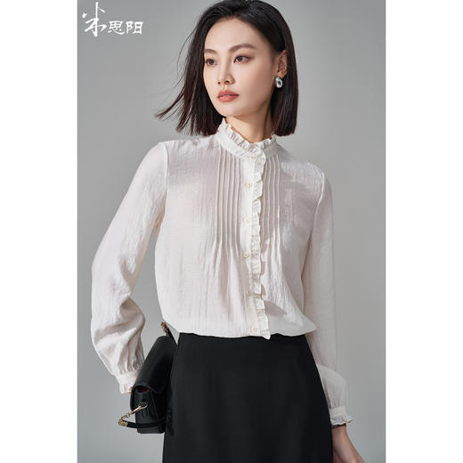 米思阳2026春季法式优雅醋酸天丝木耳边直筒单排扣白衬衫女5355 商品图0