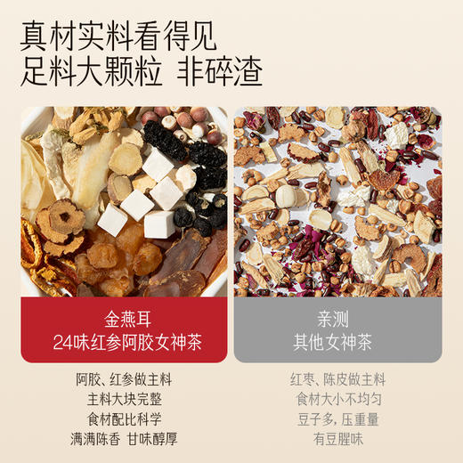 【美味饮品丨金燕耳·K24味红参阿胶女神茶16g*15罐/盒 】 精选24味道地原材料，颗颗饱满足量配比，无硫熏农残，16g一罐定量配比，密封铝膜锁鲜，小罐携带便捷，杯泡/壶煮随时饮，办公居家常备 商品图1