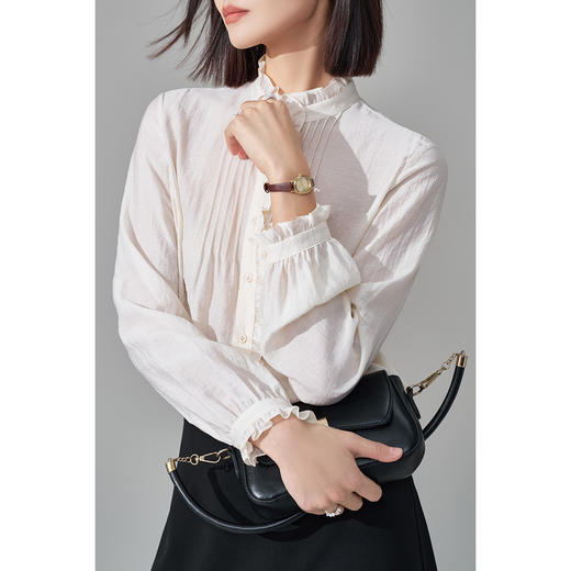 米思阳2026春季法式优雅醋酸天丝木耳边直筒单排扣白衬衫女5355 商品图3